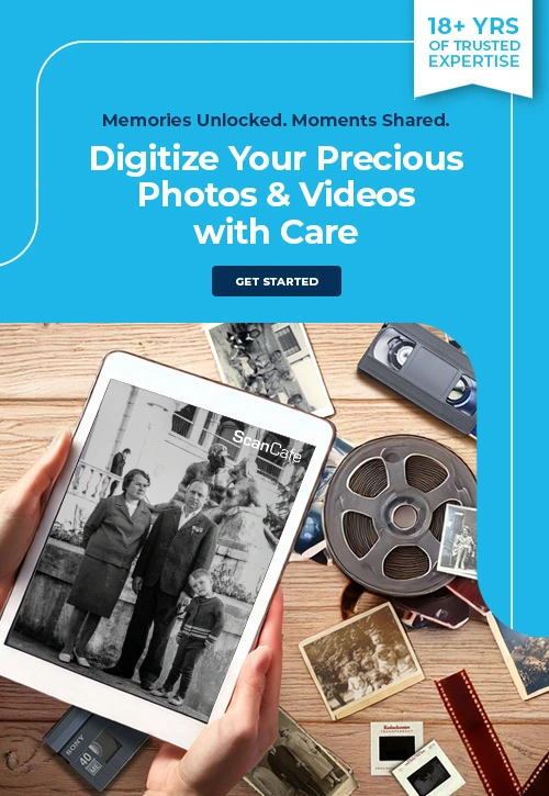 ScanCafe banner showing latest discounts on photo and video digitization